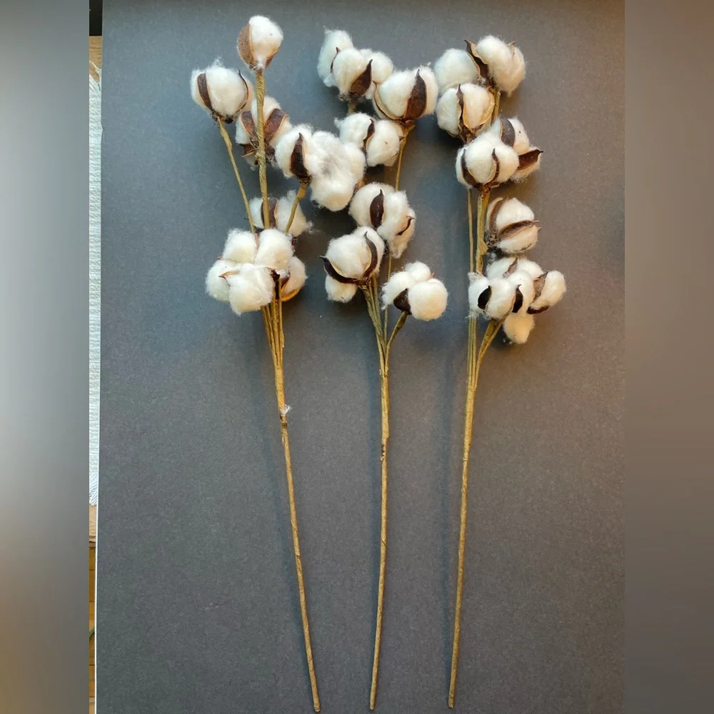Faux cotton sprigs. White and brown. Farmhouse shabby chic. Lot of three.
